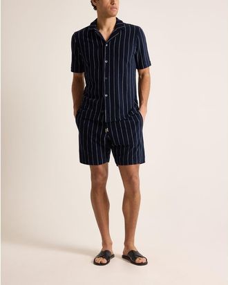 Orlebar Brown Trevone Towelling Classic Fit Stripe Towelling Sweat Shorts in Night Iris/white Sand at Nordstrom, Size Large