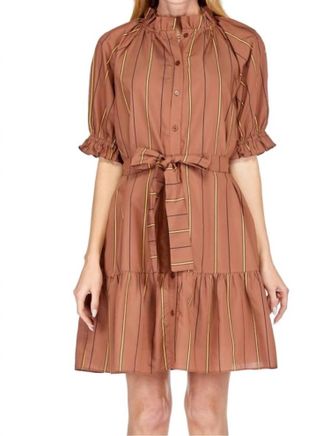 Jade Yoga Button Front Flounce Mini Dress In Brown Stripe