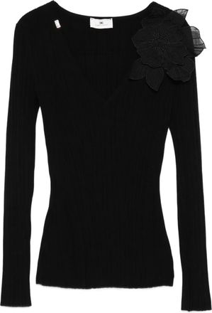 Elisabetta Franchi Geribbelde top verfraaid met bloemen - Zwart