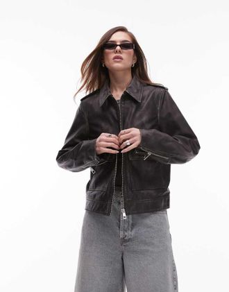 Topshop Womens premium real leather zip through jacket in black - Size X-Small