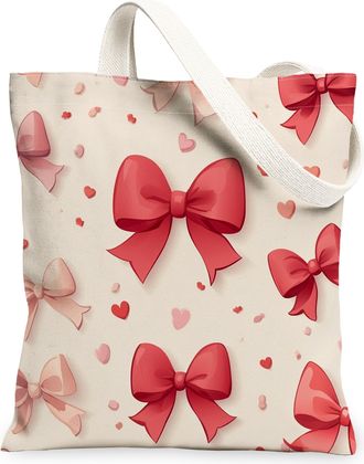 Generic Valentines Day Bow Canvas Tote Bags, Cute Heart Pattern Reusable Grocery Bags, Stylish Lightweight Washable Shoulder Strap Canvas for Shopping Travel 