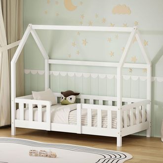 ML Design Ml-design Cama Infantil 70x140 Cm En Forma De Casa, Madera Maciza De Pino Blanca Con Protecci&oacute;n Antica&iacute;da, Techo Y Somier De L&aacute;minas, Cuna De Suelo Pa