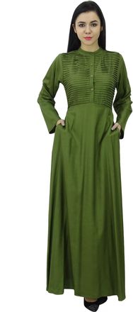 Bimba Womens Long Sleeve Maxi Mandarin Collar Plain Jilbab Dress with Pockets Olive Green