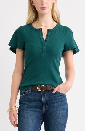 Treasure & Bond Flutter Sleeve Ribbed Henley in Green Ponderosa at Nordstrom, Size Xx-Small