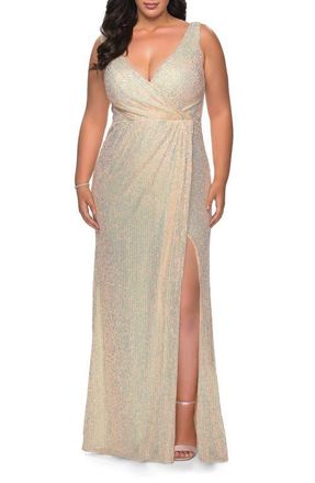La Femme Sequin Plus Size Gown with Ruching and V-neck in Champagne at Nordstrom, Size 18W