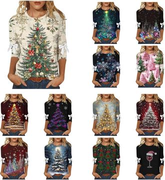 Generic Womens Christmas Jumpers 3/4 Sleeve Sweatshirt Xmas Blouses Christmas Tree Pullover Novelty Wine Glass Tops Crew Neck Blouse Casual Jumper Snowflakes 
