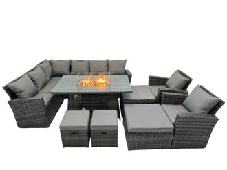 Fimous Rattan Outdoor Patio Gas Firpit Table Sofa Set with 4 Stools 2 Chairs in Dark Grey
