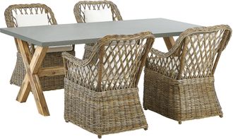 Beliani Conjunto De Comedor 4 Plazas De Rat&aacute;n Natural Gris Madera Clara Blanco Crema Hormig&oacute;n Cojines De Algod&oacute;n Jard&iacute;n Maros/olbia