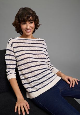 Laura Scott 3/4 Arm-Pullover LAURA SCOTT, Damen, Gr. 32/34, beige, navy gestreift, Strick, Obermaterial: 100% Baumwolle, figurumspielend h&uuml;ftlang, U-Boot-Ausschni