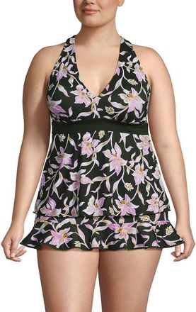 Lands End Plus Size DD-Cup V-Neck Racerback Flutter Tankini in Tropic Floral/rich Olive at Nordstrom, Size 24W