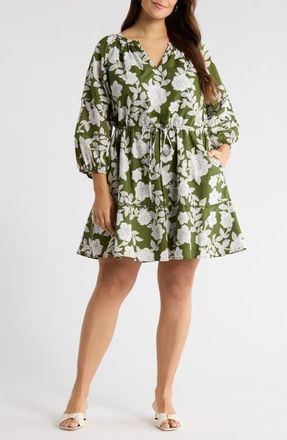 Sugarlips Dabria Hizley Floral Long Sleeve Cotton Dress in Cream-Green at Nordstrom, Size 3X