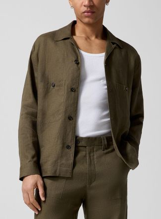 &Eacute;cole de Pens&eacute;e Mens Olive pure linen cabana shirt