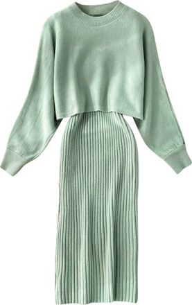 Generic Womens Knitted Two Piece Set Bodycon Dress Pullover Top and Midi Skirt Co Ord Set Elegant Ribbed Knit Outfit Casual Workwear Winter Sweater Dress Suit