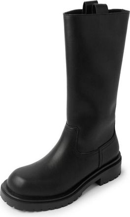 Generic Womens Pull on Wide-Calf Boot Low Chunky Heel Platform Mid-Calf Boots Round Toe PU Leather Casual Boots,Black Velvet Lining,4.5 UK