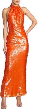 Mac Duggal Sleeveless Sequin Halter Cowl Back Ankle Dress in Tangerine at Nordstrom, Size 12