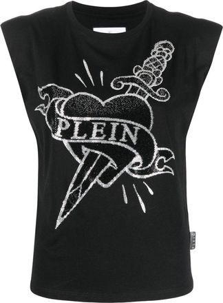 Philipp Plein crystal-embellished logo tank top - women - Polyester/Spandex/Elastane - L - Black
