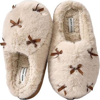 Generic Womens Fuzzy Bow Slippers, Non-Slip Slip-On Winter House Shoes, Cozy Plush Faux Fur Lined Memory Foam Indoor Outdoor Fluffy Scuff Slippers,Beige,3.5 U