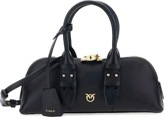 Pinko Vitello Leather Bowling Bag With Dual Handles And Detachable Strap