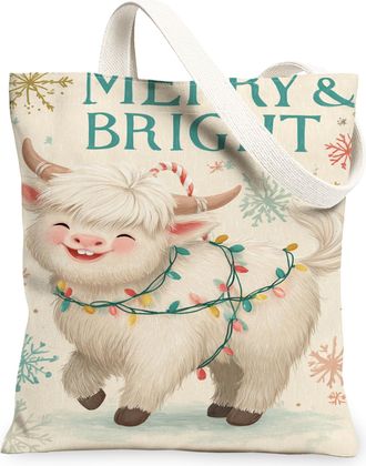 Generic Christmas Goat Canvas Tote Bags, Cute Animal Pattern Reusable Grocery Bags, Winter Lightweight Washable Shoulder Strap Canv, White, 13x15 Inch