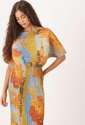 Never Fully Dressed Vestito lungo plissé asimmetrico con stampa artistica-Multicolore