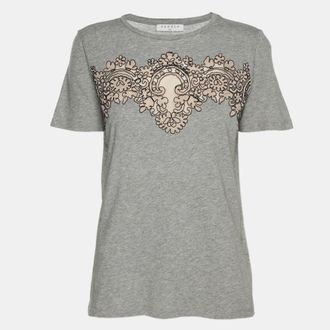 Sandro Grey/beige Cotton And Lace T-Shirt
