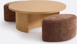 La Redoute Interieurs Ronde eiken gefineerde salontafel met 2 poefs, JEN