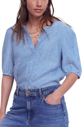 Boden Leah Short Sleeve Linen Button-Up Shirt in Chambray at Nordstrom, Size 12