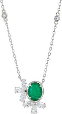 Savvy Cie Jewels Cubic Zirconia Cluster Oval Pendant Necklace in Emerald Green at Nordstrom Rack