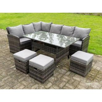 Fimous High Back Dark Mixed Grey Rattan Corner Sofa Set Outdoor Furniture Rectangular Dining Table 3 Small Footstools 9 Seater