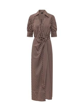 Pinko Brown Stripes Shirt Collar Maxi Dress