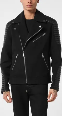 Philipp Plein Wool Biker Jacket With Leather Inserts Men in Black at Nordstrom, Size Xxx-Large