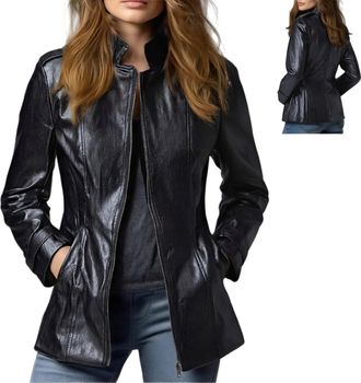 Generic Faux Leather Jacket for Women Retro Stand Collar Long Sleeve Faux Leather Blazer Jacket Fall Bodycon Coat Casual Gothic Coat (BLACK,M)