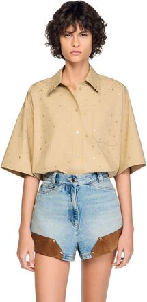 Sandro Cotton shirt with rhinestones in Beige at Nordstrom, Size X-Large