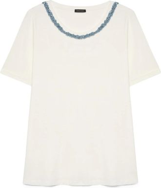 Fiorella Rubino Katoenen T-shirt met applicatie bij de hals - Dames - T-shirts - Wit - XL - Katoen - Tops