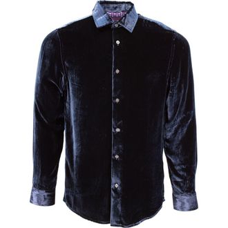 Lords of Harlech Ned Button-Up Velvet Shirt in Navy at Nordstrom, Size Xx-Large