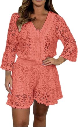 Generic Womens Lace Slim Two Piece Sets Sexy V-Neck Flared Sleeve Top Shorts Suits Elegant Embroidery Hollow Party Outfits Swimsuit Women, Red (watermelon red