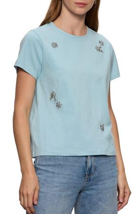 Sanctuary Floral Crystal Embellished Organic Cotton T-Shirt in Aquamarine Blue at Nordstrom, Size Medium