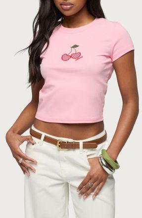 Edikted Cherry Crush Appliqu&eacute; Baby Tee in Light-Pink at Nordstrom, Size X-Small