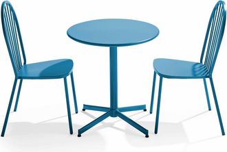 Oviala Mesa redonda de conjunto y 2 sillas de jardín de metal azul pacífico