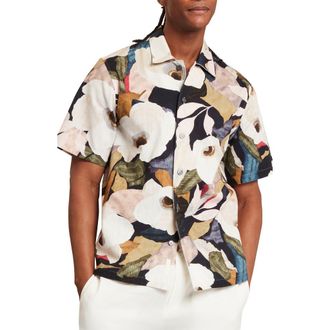 Ted Baker Langdon Floral Short Sleeve Cotton Buttion-Up Shirt in Black And Cream at Nordstrom, Size 6