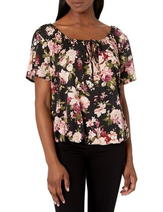 Star Vixen Womens Petite Short/Slit Sleeve Keyhole-Tie Peasant Top Bubble Hem Blouse, Black Ground Floral, Medium