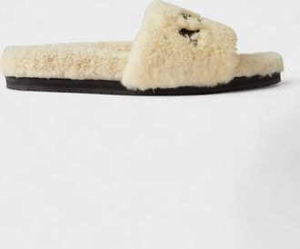 Amiri Mens Amiri Shearling Fur Logo Slippers Beige - Tan - Size: 10