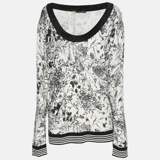 Marina Rinaldi White/black Printed Knit Embellished Neck Top