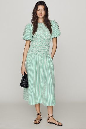 Hunter Bell Scarlet Smocked Puff-Sleeve Midi Dress
