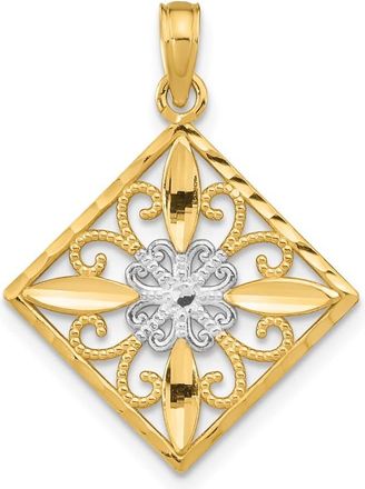 Diamond2Deal 14k Yellow Gold and White Rhodium Flower and Cross Square Charm Pendant