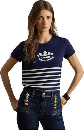 Lauren Ralph Lauren Striped Embroidered-Logo Jersey T-Shirts Womens Clothing Refined Navy/Mascarpone Cream : XS, Cotton