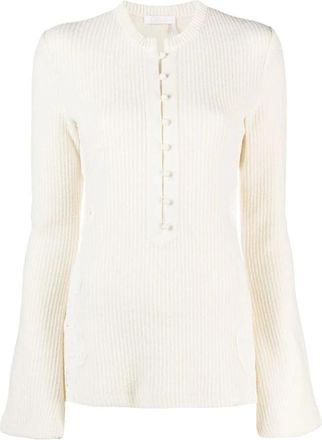 Chlo&eacute; Witte Wollen Trui met Kantdetail - Dames - Ronde hals truien - Wit - S - Wol - Truien & Vesten