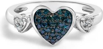 House of Brilliance Sterling Silver 1/5 Cttw Blue and White Diamond Triple Heart Ring at Nordstrom, Size 7