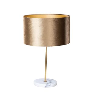 QAZQA Cl&aacute;sico/antiguo L&aacute;mpara De Mesa De Lat&oacute;n Con Pantalla De Terciopelo Marr&oacute;n De 35 Cm - Kaso Acero /m&aacute;rmol /terciopelo /textil Redonda Adecuado Para Led