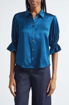 Cinq &agrave; Sept Fiona Ruffle Cuff Silk Button-Up Shirt in Night Opal at Nordstrom, Size X-Small